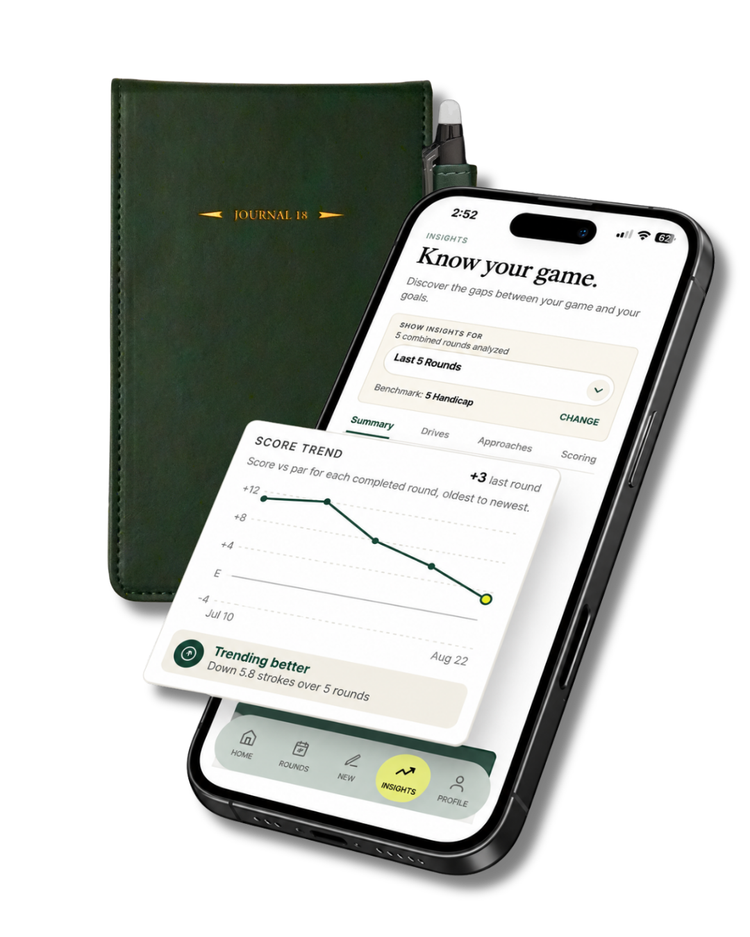 The Journal 18 app on an iPhone beside a Journal 18 scorecard journal